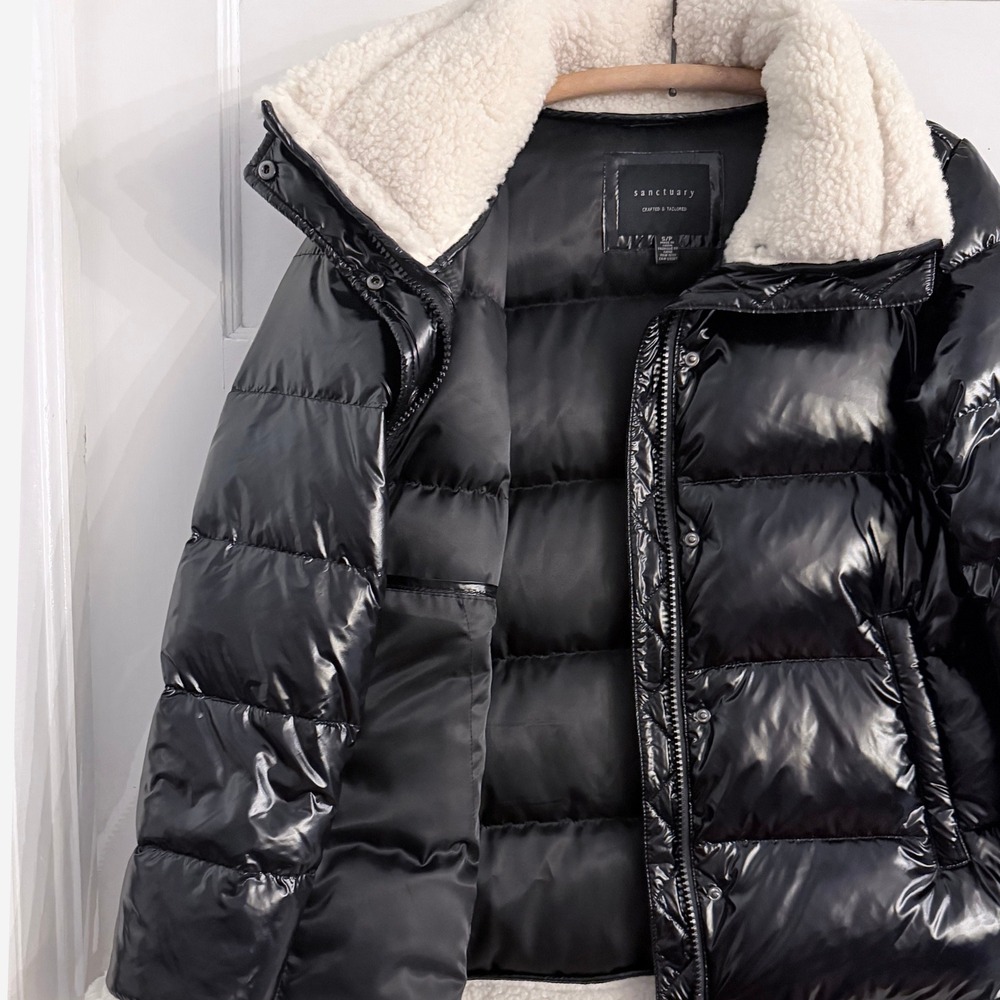 NWOT Sanctuary Down Puffer Sherpa Trim High Shine Black S Cybercore Streetwear - Picture 5 of 10